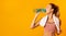 Fitness Woman Drinking Water During Workout Standing In Studio, Panorama