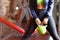 Fitness woman exercising crossfit holding kettle bell. Weightlifting, cross fit and power lifting workout