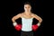 Fitness woman with girl red boxing gloves posing in defiant and competitive fight attitude