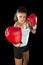 Fitness woman with girl red boxing gloves posing in defiant and competitive fight attitude