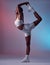 Fitness, woman and legs balance stretching for wellness, workout and health lifestyle mockup. Young, strong and flexible