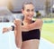 Fitness woman portrait, stretching arms and training on sports track for marathon, exercise and workout in stadium arena