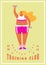 Fitness Woman Poster. Health sport in club. Cute Plus Size banner. Fat girl doing exercises, loses weight, warming up