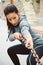 Fitness woman pulling chain for working out