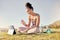 Fitness, woman and tablet call for yoga exercise, training or workout on the grass in the outdoors. Happy female waving