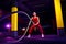 Fitness woman using training ropes for exercise at gym. Athlete working out with battle ropes at cross gym