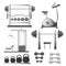 Fitness workout equipment, training apparatuses isolated icons