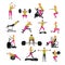 Fitness and workout exercise in gym. Vector set of icons flat style isolated on white background