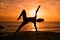 Fitness, yoga and silhouette of woman on beach at sunrise for exercise, training and pilates workout. Motivation
