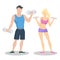Fitness young sporty couple with dumbbells. Fit couple. Workout partners.