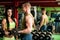 Fitness youple workout - fit mann and woman train in gym