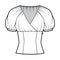 Fitted top technical fashion illustration with surplice neck, elasticated puffed short sleeves, side zip fastening.