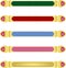 Five abstract blue red pink green colour banners with Golden metallic border and matching colour gemstone crystals