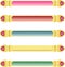 Five abstract blue red pink green colour banners with Golden metallic border and matching colour gemstone crystals