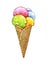 Five balls of multi-colored ice cream in a wafer cone isolated on a white background. Handwork sketch. Vectorillustration