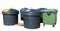 Five big modern standard isolated plastic trash bin are locat