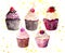 Five bright beautiful tender delicious tasty yummy summer dessert cupcakes with red cherry strawberry and raspberry on yellow spra