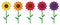 Five bright colourful flowers, sunflowers, isolated, vector illustration