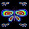 Five bright rainbow butterflies fly rapidly in the night sky.