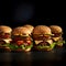 Five burgers, cheeseburgers, chicken burgers, burgers with lettuce, cheese, bacon, pickle, tomato, sauce, onions. Dark background