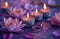 five candle stand on a purple background with lotus flower and a lotus ring