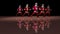 Five cheerful Santa Clauses in a red suit are dancing. 3d rendering