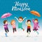 Five Children With Umbrella And Raincoat Jumping In The Rain Playfully