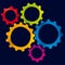 Five cogs or gears in multicolor with blank space