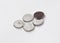 Five coins worth 10 Romanian Bani isolated on a white background