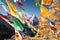 Five color prayer flags flying on Xiannairi mountain with pine forest in autumn