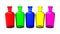 Five colored bottles. Colored metal bottles. 3D Illustration.