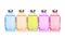 Five colored bottles with essential oils