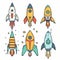 Five colorful cartoon rockets displayed against white background, stars dots scattered around