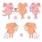 Five cute cartoon piglet stickers Happy and sad pigs with a flower in a hand.