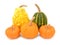 Five decorative gourds with smooth and warted skin