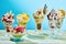Five different flavor ice cream sundaes