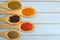 Five different spices on wooden spoons on a wooden table