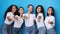 Five Diverse Girls Gesturing Thumbs Up Smiling, Blue Background, Panorama