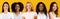 Five Diverse Women In Group Portrait Over Yellow Background, Collage