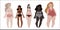 Five diverse women in swimsuits. Various body sizes and shapes. Diversity. Pale, tanned, dark and black skin tone and