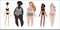 Five diverse women in swimsuits. Various body sizes and shapes. Diversity. Pale, tanned, dark and black skin tone and