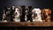 Five dogs sit in a row at a wooden table. Pets background. Horizontal format. AI Generated