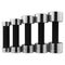 Five dumbbells with neoprene handles, of different weights, stand in a row, on a white background