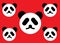 Five duplicate heads of a panda bear with no eye or closed eyes bright red backdrop