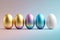 Five Easter Eggs on a gradient background. Four colored Easter Eggs with gold and a white one in a row.