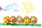 Five easter eggs on grass, sun in sky
