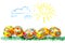 Five easter eggs on grass, sun in sky