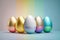 Five Easter Eggs on a rainbow background. Illustration of Easter Eggs decorated in gold and painted in bright colors.