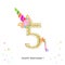 Five. Fifth birthday. Colorful unicorn birthday invitation. Baby shower, party invitation greeting card