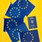 Five flags of the European Union and a passport of Ukraine, the concept of Ukraine`s accession to the European Union